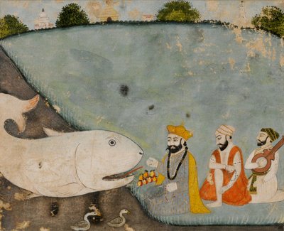 गुरु नानक के साथ बाला, मर्दाना और महान मछली (मत्स्यवतार में विष्णु) द्वारा सिख स्कूल