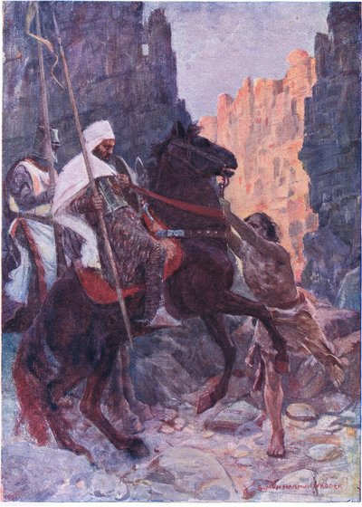 एक लंबा आदमी बकरियों की खाल में लथपथ होकर बीच रास्ते में उछला और सरकेन की लगाम को दोनों हाथ में पकड़ लिया। द्वारा साइमन हार्मन वेडर