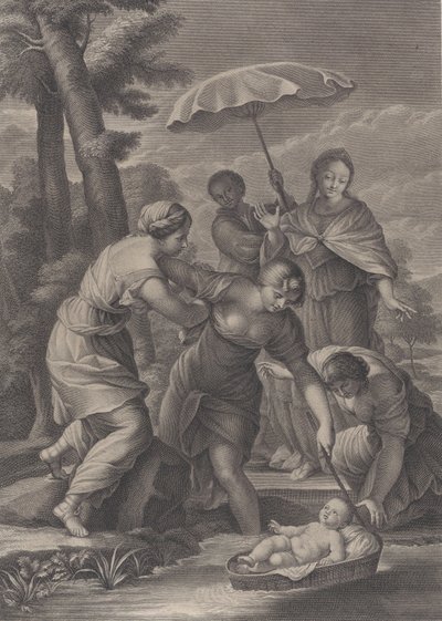 शिशु मोसेस को पानी से टोकरी में खींचती हुई तीन महिलाएं, ca. 1729. द्वारा साइमन वैली