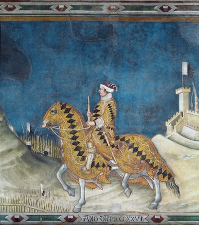 गाइडोरिकियो दा फोग्लियानो। 1328 में मारेम्मा (मारेम्मा) में मोंटेमासी के महल पर कब्जा करने के दौरान सिएना की सेना के कमांडर (कोंडोटिएरो) गुइडो रिकसिओ दा फोग्लियानो (1352 में मृत्यु हो गई)। सिमोन मार्टिनी द्वारा फ्रेस्को (1284-1344) द्वारा सिमोन मार्टिनी