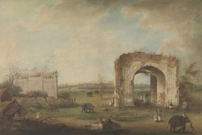 मोतीझील में एक मस्जिद और गेटवे का दृश्य, ca. 1814-23. द्वारा सीता राम।