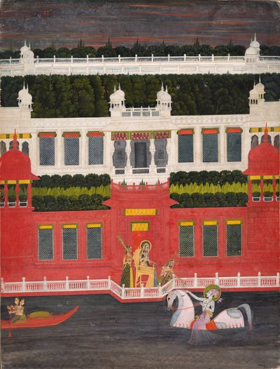 कृष्णा एक फूल माला प्राप्त करता है, सी। 1750-1760। द्वारा सीताराम