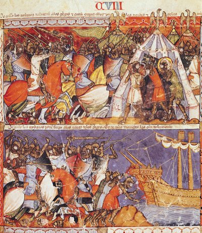Fol.108r कोडेक्स बेनिटो डे सांता मोरा से ग्रीक शिविर पर हमला करने और ग्रीक जहाजों पर आग लगाने के लिए ट्रोजन द्वारा स्पेनिश स्कूल