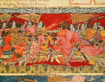 कोडेक्स बेनिटो सांता मोरा से यूनानियों और ट्रोजन्स के बीच Fol.110r लड़ाई द्वारा स्पेनिश स्कूल