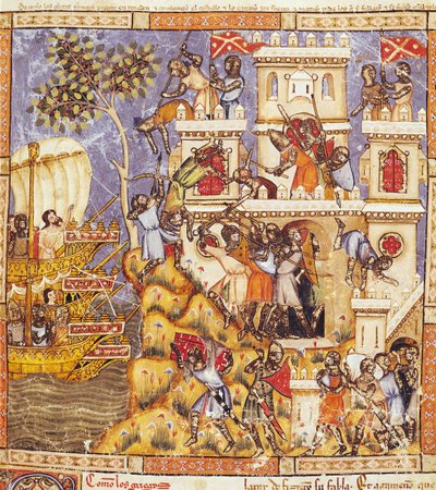 Fol.30r कोडेक्स बेनिटो सांता मोरा से यूनानियों की लैंडिंग, टेडेनोस कैसल की घेराबंदी और रक्षकों की मौत द्वारा स्पेनिश स्कूल