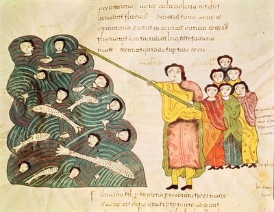 Fol.39v मूसा ने मिस्रियों पर लाल सागर को बंद किया, बाइबिल मोज़ेरेबे से द्वारा स्पेनिश स्कूल