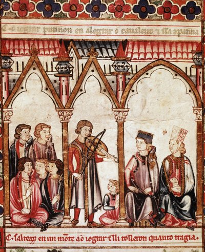अल्फोंसो एक्स ("द वाइज") किंग ऑफ कैस्टिले और लियोन (1221-84) - द किंग्स कोर्ट एंड द म्यूजिशियन के निर्देशन में बनाया गया, "कैंटिगस डी सांता मारिया"" से चित्रण समूह, संकटमोचनों का समूह। सेंट मैरी के गीत (कैंटिगो) की पांडुलिपि से लघु द्वारा स्पेनिश स्कूल