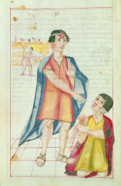 एक क्विपु का चित्रण, &39;पेरू के इंका किंग्स के इतिहास और रॉयल वंशावली से, उनके कर्मों, रीति-रिवाजों, वेशभूषा और सरकार के तरीके&39; से, जिसे कोडिस मुरुआ के नाम से जाना जाता है द्वारा स्पेनिश स्कूल