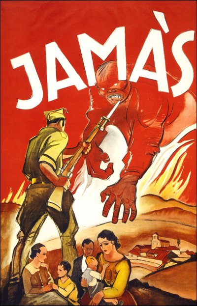 Jamàs ("नेवर"), स्पेनिश युद्ध के दौरान प्रकाशित पोस्टर में एक सैनिक को दिखाया गया है जो स्पेनिश परिवारों की रक्षा करता है। 1936 से 1939 के बीच। द्वारा स्पेनिश स्कूल