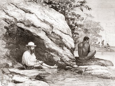 जूल्स क्रेवाक्स, 1878 में फ्रेंच गुयाना के अन्वेषण के दौरान, ओयापॉक या ओयाओपिक नदी के किनारे एक चट्टान की छाया में द्वारा स्पेनिश स्कूल