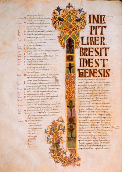 सेंट Iidores के Visigothic-Mozarabic बाइबिल, fol.14v।, ई। 960 (टेम्पे ओ) की विज़िगोथिक-मोजरैबिक बाइबिल से प्रिंसिपल सेरेविट देउस केलूम में किताब की उत्पत्ति के साथ उत्पत्ति की पुस्तक का उद्घाटन पृष्ठ। द्वारा स्पेनिश स्कूल