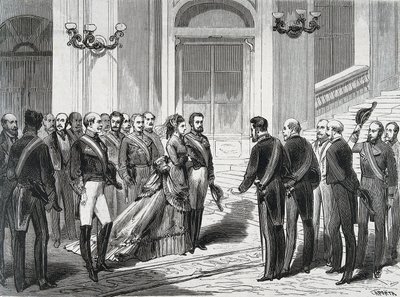 19/03/1871 को मैड्रिड के रॉयल पैलेस में आगमन पर स्पेन के राजा एमेडी I (अमेडियो फर्डिनेंडो मारिया डि सावोइया) (1845-1890) और उनकी पत्नी क्वीन मैरी विक्ट्री दल पॉज़ो डेला सिस्टर्ना (1847-1876)। "" ला इलस्ट्रसियन एस्पानोला वाई अमेरिका . से उत्कीर्णन द्वारा स्पेनिश स्कूल