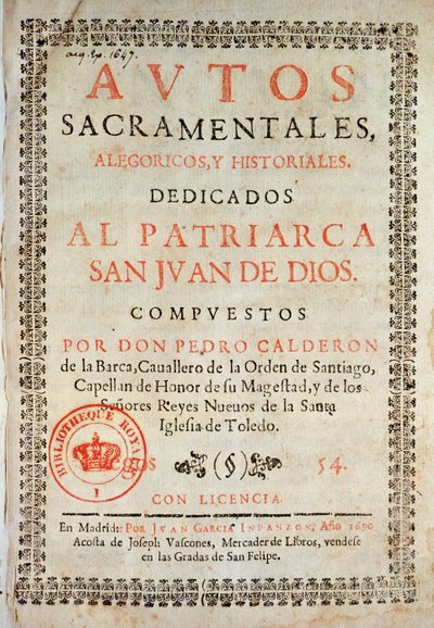 पेडो काल्डेरोन डे ला बारका (1600-81) द्वारा लॉस ऑटोस सैक्रामेंटिस का शीर्षक पृष्ठ जुआन गार्सिया इन्फानज़ोन द्वारा संपादित, 1690 (मुद्रित पत्र) द्वारा स्पेनिश स्कूल