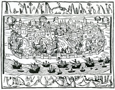 पेद्रो मदीना, 1548 द्वारा लिब्रो डे ग्रैंडेज़स वाई कोस मेमोरेलर डी एस्पाना से लिस्बन का दृश्य द्वारा स्पेनिश स्कूल