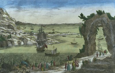 नई केयेन, फ्रेंच गुयाना, 1762 के बंदरगाह में नई कॉलोनी स्थापित करने के लिए फ्रांसीसी लैंडिंग का दृश्य द्वारा स्पेनिश स्कूल