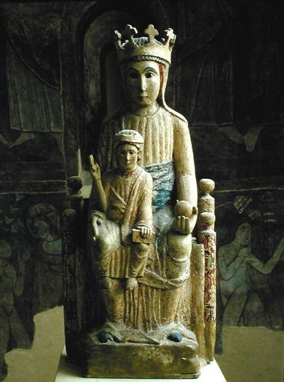 वर्जिन और चाइल्ड, कैटलन स्कूल, c.1200 (पॉलीक्रोम स्टोन) द्वारा स्पेनिश स्कूल
