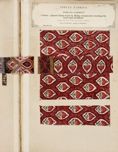 1866 में प्रकाशित जॉन फोर्ब्स वॉटसन द्वारा भारत के कपड़ा निर्माताओं के संग्रह से मद्रास में खरीदा गया पूनरी का कपास का घुटा हुआ चिन्ट्ज नमूना। द्वारा श्रीलंका का स्कूल