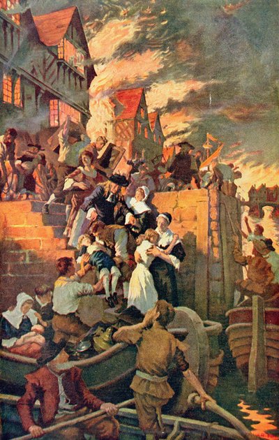 1666 में लंदन की द ग्रेट फायर, हचिंसन की 'द स्टोरी ऑफ द ब्रिटिश नेशन' से चित्रण, c.1920 (कलर लिथो) द्वारा स्टैनहोप अलेक्जेंडर फोर्ब्स