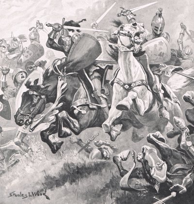 श्रूस्बरी की लड़ाई, 21 जुलाई 1403, कासल, लंदन द्वारा प्रकाशित &39;ब्रिटिश बैटल ऑन लैंड एंड सी&39; का चित्रण, c.1910 द्वारा स्टेनली एल। वुड