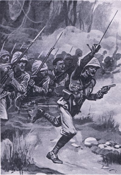 31 जनवरी 1874 को अमौफुल में अश्थियों को चार्ज करने वाले ब्रिटिश, लैंड एंड सी, 1915 में ब्रिटिश बैटल से चित्रण द्वारा स्टेनली एल। वुड
