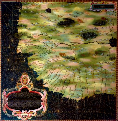 स्टेफानो बोन्सिग्नोरी (बुओन्सिग्नोरी) द्वारा पश्चिमी अफ्रीकी तटों (लीबिया, गिनी, सिएरा लियोन, सेनेगल) का नक्शा (डी। 1589) 1581 भौगोलिक मानचित्र कक्ष के अलमारियाँ की पेंटिंग। पलाज्जो वेक्चिओ, साला डेल मप्पामोंडो फ्लोरेंस द्वारा स्टेफ़ानो बूनसिग्नोरी