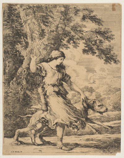 अपने कॉलर द्वारा एक बड़े कुत्ते को पकड़े हुए एक अप्सरा, ca. 1654. द्वारा स्टेफानो डेला बेला