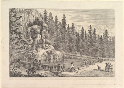 Giambologna द्वारा अपेनिनो की कोलोसल प्रतिमा को बाईं ओर, एक विशाल क्राउची के रूप में दर्शाया गया ..., ca. 1653। द्वारा स्टेफानो डेला बेला