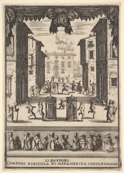 मोर्चा के लिए फुसफुसा द बफून ली बफोनी, एक मंच पर एक पु ... सदन, 1639-41। द्वारा स्टेफानो डेला बेला