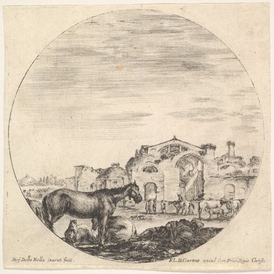 प्लेट 12: एक चरवाहा जमीन पर दाईं ओर सो रहा है, तीन घोड़े बाईं ओर, अन्य h..., ca. 1643-48। द्वारा स्टेफानो डेला बेला