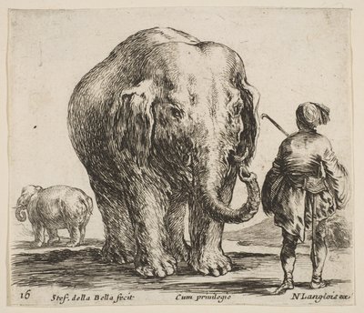 प्लेट 16: केंद्र में एक हाथी, दाई ओर खड़ा उसका ओरिएंट ..., ca. 1644-1647। द्वारा स्टेफानो डेला बेला