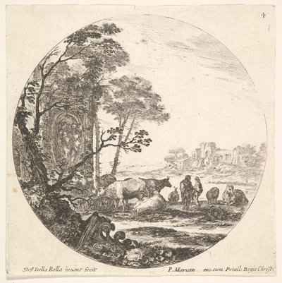 प्लेट 4: अग्रभूमि में बाईं ओर एक कोरिंथियन राजधानी, एक स्मारक w ..., ca. 1643-1648। द्वारा स्टेफानो डेला बेला
