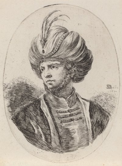 हल्की दाढ़ी और पंखदार पगड़ी वाला युवा मूर, बाईं ओर मुड़ा हुआ, 1650। द्वारा स्टेफानो डेला बेला