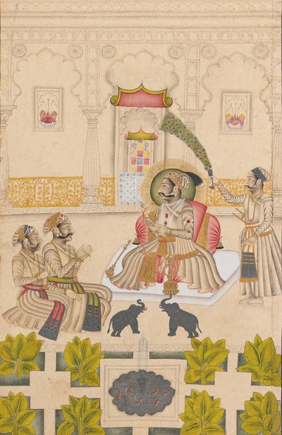 महाराणा अमर सिंह II ने दो रजत हाथियों को दिखाया है। 1705। द्वारा स्टिपल मास्टर