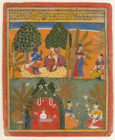 कृष्ण और राधा अपने विश्वासपात्रों के साथ: पृष्ठ एक बिखरी हुई गीता गोविंदा से, सीए। 1655-60। द्वारा मनोहर की शैली