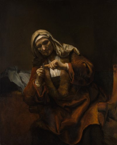 बूढ़ी औरत अपने नाखून काटती है, सीए। 1655-60। द्वारा रेम्ब्रांट की शैली