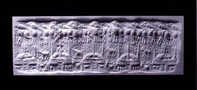 हैंडल्ड सिलेंडर सील इंप्रेशन, उरुक (अब वारका, इराक), c.3300-3000 ईसा पूर्व (प्लास्टर) द्वारा सुमेरियन सुमेरियन