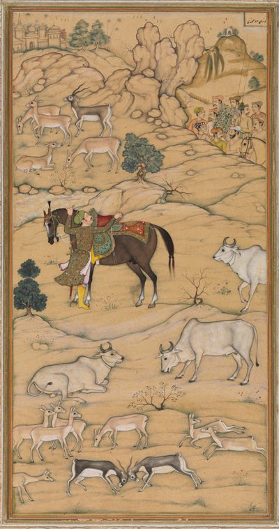 अकबर माउंटिंग हिज़ हॉर्स, चेस्टर बीट्टी अकबर नामा हिस्ट्री ऑफ़ अकबर का पृष्ठ, 1605-07। द्वारा सुर दास गुजराती