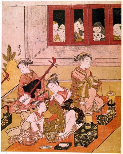 हारोनोबू सुजुकी (1725-1770) द्वारा जापानी प्रिंट के दर्शकों की आंखों के सामने संगीत बजाते हुए शिष्टाचार। 1769 लगभग। मंद। 0,27x0,21 मी. पेरिस, गुइमेट संग्रहालय, एशियाई कला का राष्ट्रीय संग्रहालय द्वारा सुज़ुकी हरुनोबु