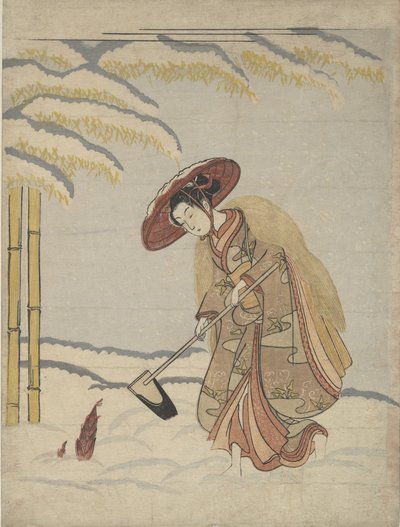 बर्फ में बांस की खुदाई करती महिला, ट्वेंटी-फो से मेंग ज़ोंग मोसो की पैरोडी..., सीए। 1765. द्वारा सुज़ुकी हरुनोबु