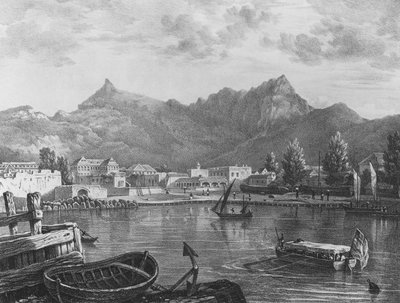 पोर्ट लुइस, मॉरीशस, बंदरगाह के पूर्वी हिस्से से, c.1830 (लिथोग्राफ) द्वारा टी. (बाद में) ब्रैडशॉ