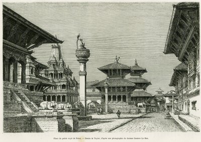 पाटन के शाही महल का स्थान (वर्तमान ललितपुर)। एडवर्ड चार्टन (1807-1890), हैचेट, पेरिस द्वारा निर्देशित ले टूर डू मोंडे 1886 में डॉ. गुस्ताव ले बॉन (1841-1931) द्वारा कहानी वॉयेज औ नेपाल को चित्रित करने के लिए टेलर द्वारा उत्कीर्णन। द्वारा टी टेलर