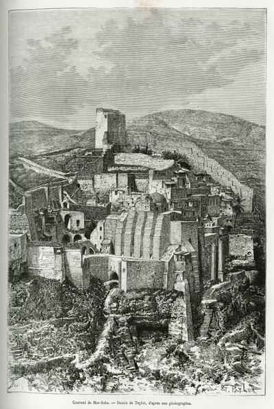 मार-सबा का मठ (मार सबा) (फिलिस्तीन)। टेलर की उत्कीर्णन, आज के सीरिया की कहानी को चित्रित करने के लिए, एम. लोर्टेट द्वारा, ल्योन के चिकित्सा संकाय के डीन, सार्वजनिक शिक्षा मंत्रालय द्वारा एक वैज्ञानिक मिशन के लिए आरोपित, टौ में प्रकाशित द्वारा टी टेलर