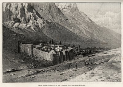 सेंट कैथरीन, मिस्र का मठ। 1886 में चार्ल्स ग्रैड (1842-1890) द्वारा, एडौर्ड चार्टन (1807-1891) द्वारा निर्देशित ले टूर डू मोंडे 1892 में कहानी "" वॉयज डान्स ल'अरेबिया पेट्री, सर्बल एट सिनाई" को चित्रित करने के लिए टेलर की नक्काशी। हैचेट, द्वारा टी टेलर