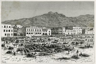 अदन (यमन) का मार्च। टेलर की नक्काशी, 1882-1883 में MGRevoil द्वारा "" जर्नी टू द बेनादिर, सोमालिस एंड बायौन "" कहानी को चित्रित करने के लिए। ले टूर डू मोंडे में प्रकाशित, नोव्यू जर्नल डेस वोयाजेस द्वारा टी टेलर