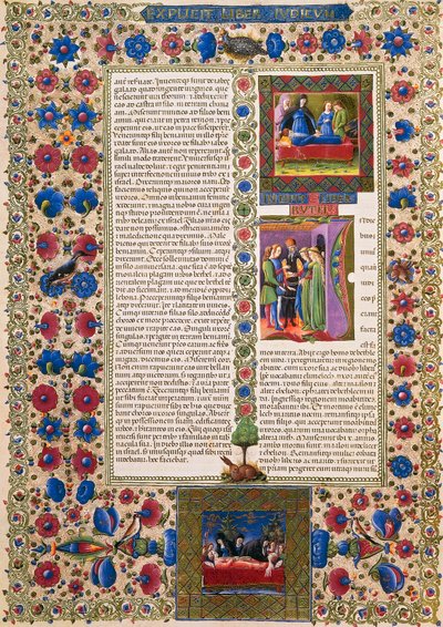 रूथ की किताब से, बोर्सो डी'एस्ट की बाइबिल के खंड II से, तादेदेव क्रिवेली (1425-1479) और अन्य द्वारा प्रकाशित, लैटिन पांडुलिपि 422-423, फोलियो 109, वर्सो, चर्मपत्र द्वारा तदेदेव क्रिवल्लि