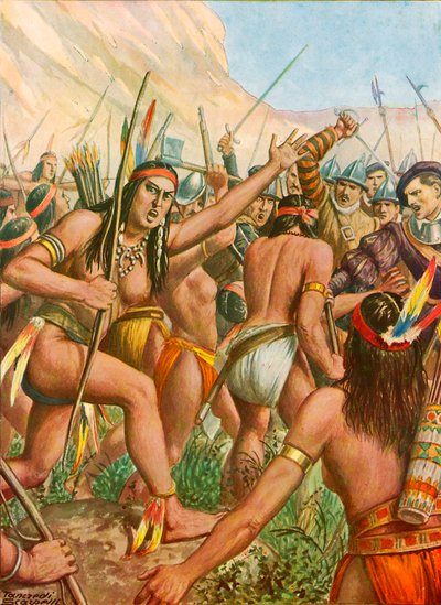 अमेज़ॅन नदी के पास लोरबाना और महिलाओं की एक जनजाति के बीच लड़ाई द्वारा टेंक्रेडी स्कार्पेलि