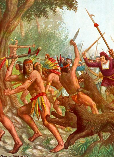 लड़ाई में स्पैनिश द्वारा उपयोग किए जाने वाले कुत्तों द्वारा भारतीयों का पीछा किया जा रहा है द्वारा टेंक्रेडी स्कार्पेलि