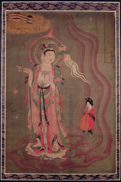 एक बोधिसत्व ने शुद्ध भूमि पर एक महिला का नेतृत्व किया। द्वारा Tang Dynasty Chinese School