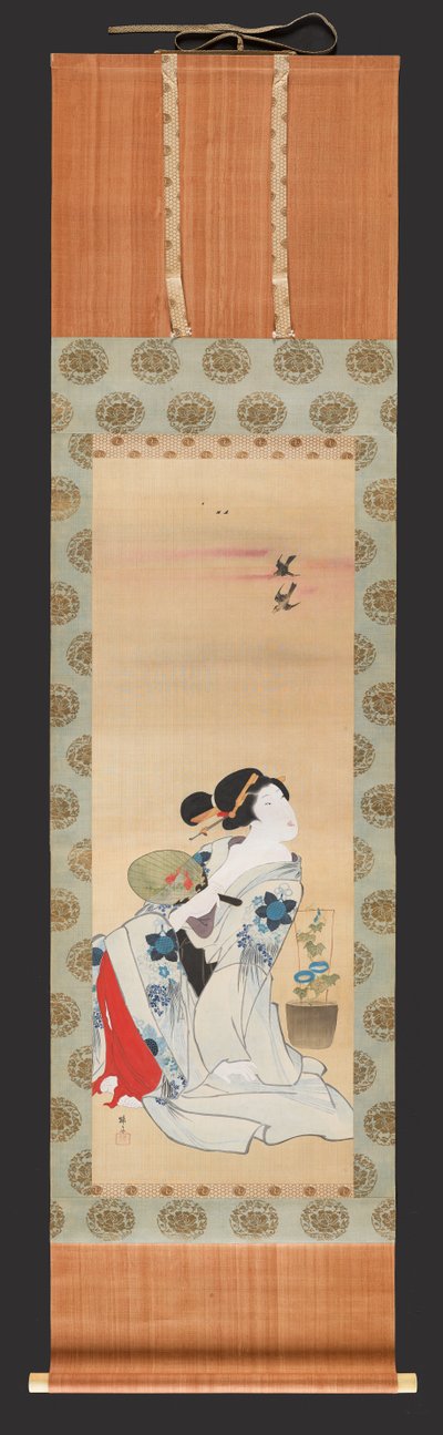 मॉर्निंग ग्लोरी के बर्तन के पास बैठी पंखा थामे सौंदर्य, c.1830-44 (रेशम पर स्याही और रंग) द्वारा तिसै होकुबा