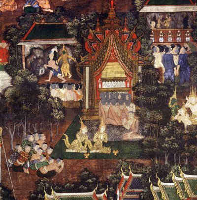 बुद्ध के अंतिम संस्कार के अवसर पर नाट्य और कठपुतली प्रदर्शन में उमड़ती भीड़, बुद्ध की मृत्यु (चित्रित कपड़े) से विस्तार द्वारा थाई स्कूल